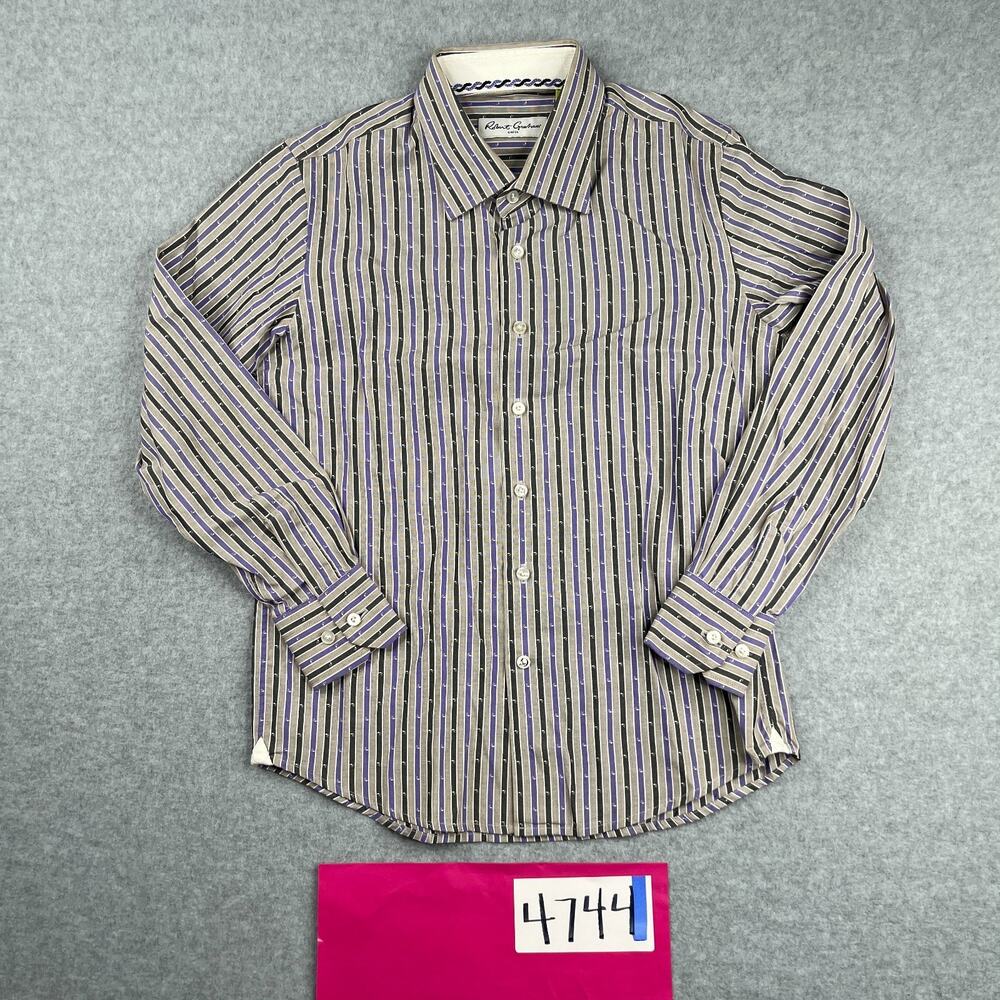 Robert Graham Shirt Youth Small Gray Striped Flip Cuff Button Up